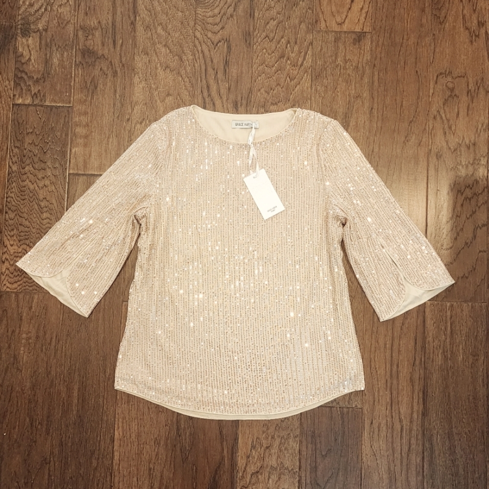 Sparkle sequin party top, shimmer glitter sequins, 3/4 slit sleeve, gold